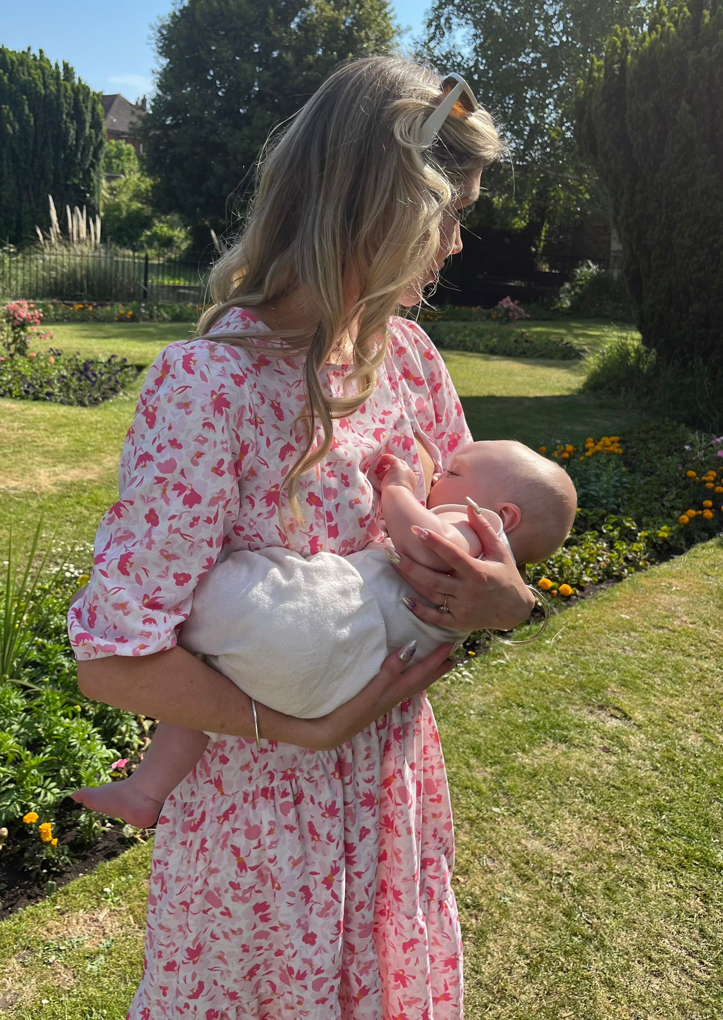 pink breastfeeding dress Tiered Nursing Midi Dress With Ruffle Sleeves - Pink